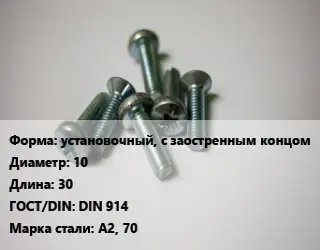 Винт установочный, с заостренным концом 10х30 DIN 914 Сталь: А2, 70